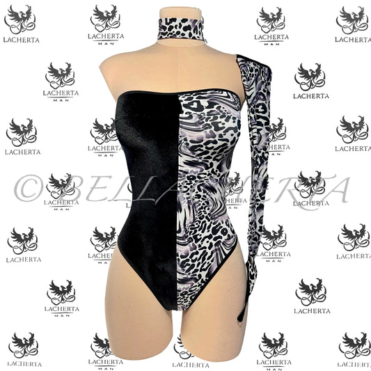 Animal-print Colorblock Assymetrical-Sleeve Bodysuit with matching Choker
