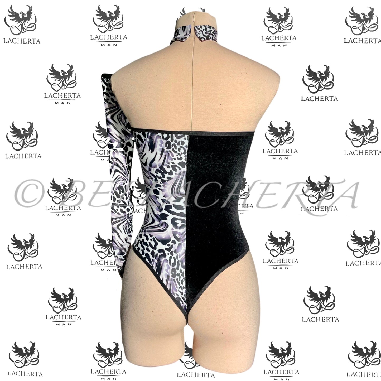 Animal-print Colorblock Assymetrical-Sleeve Bodysuit with matching Choker