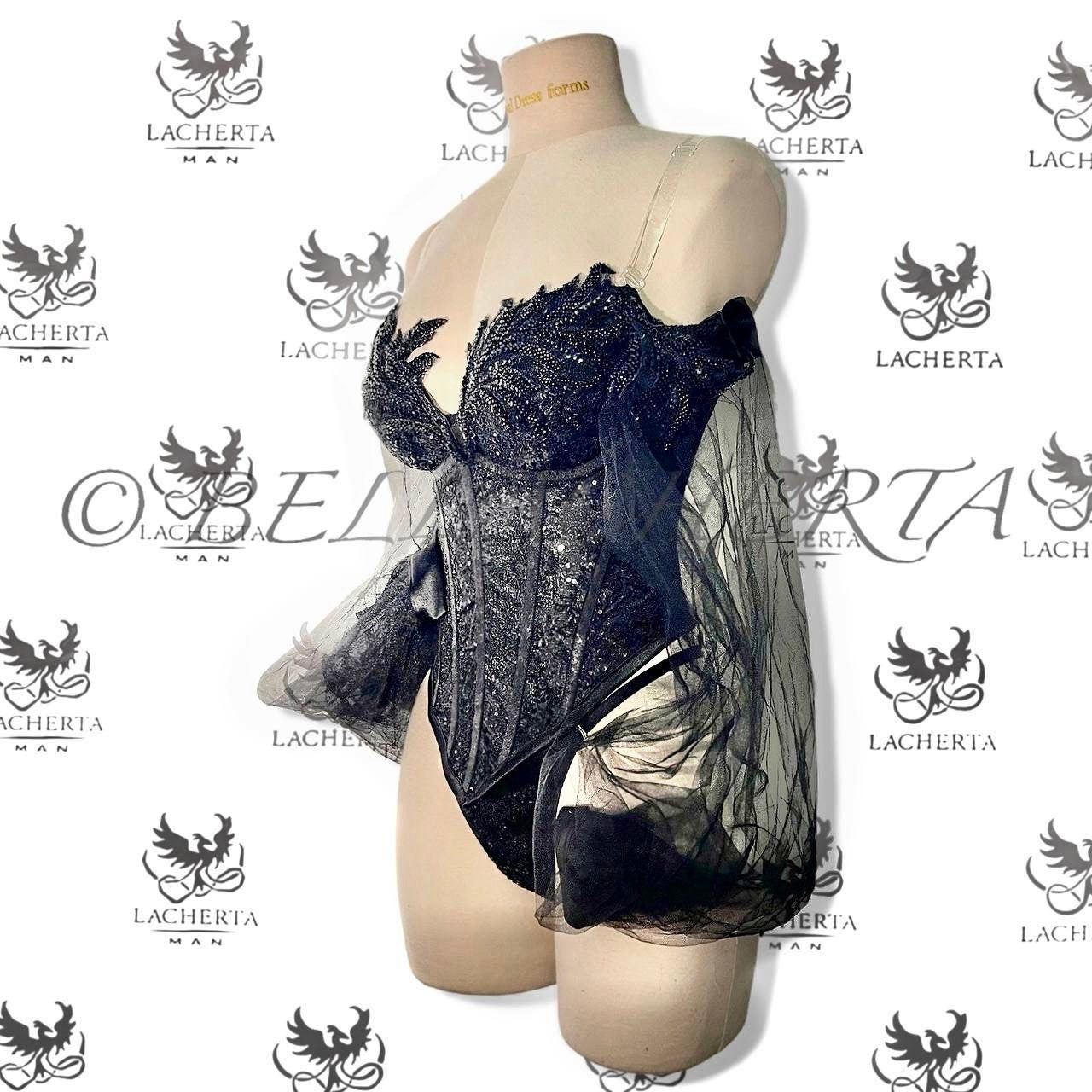 Sexy Back-tie Corset With Attached Tulle Long Sleeves and Panty