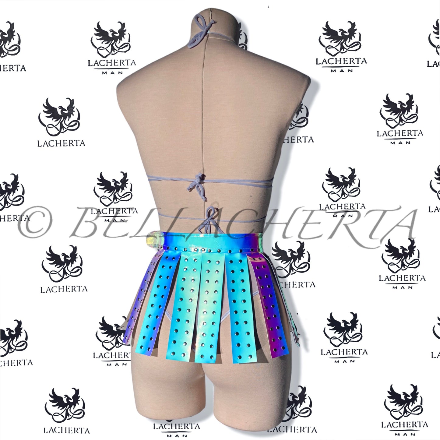 Holographic Gladiator Skirt with Sheer Bra and High-Waisted Panty Lingerie Set