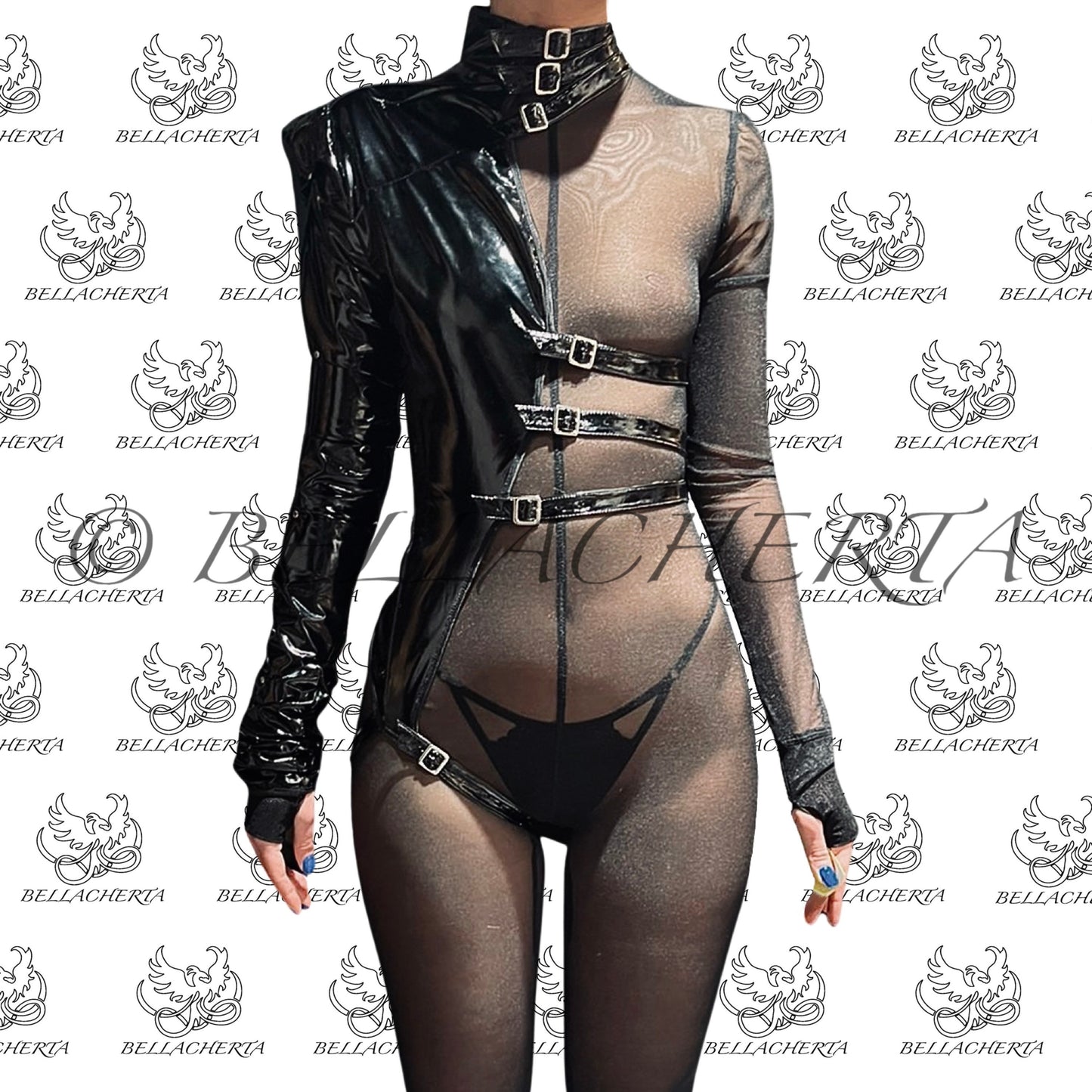 One-sleeve Imitation Leather Strap Bodysuit Only (mesh bodysuit is sold separately)
