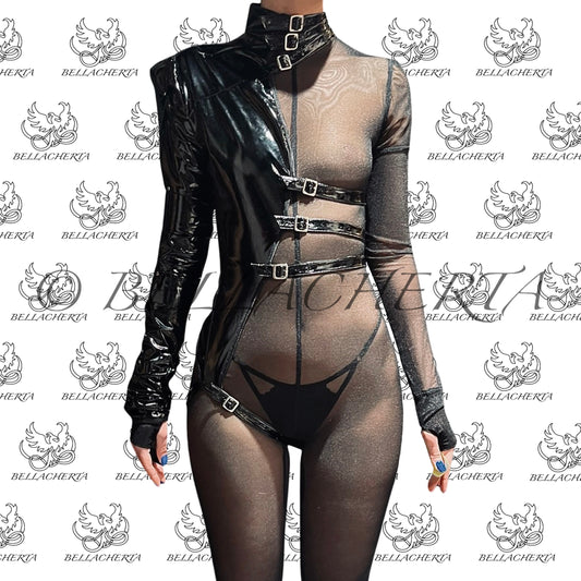 One-sleeve Imitation Leather Strap Bodysuit Only (mesh bodysuit is sold separately)