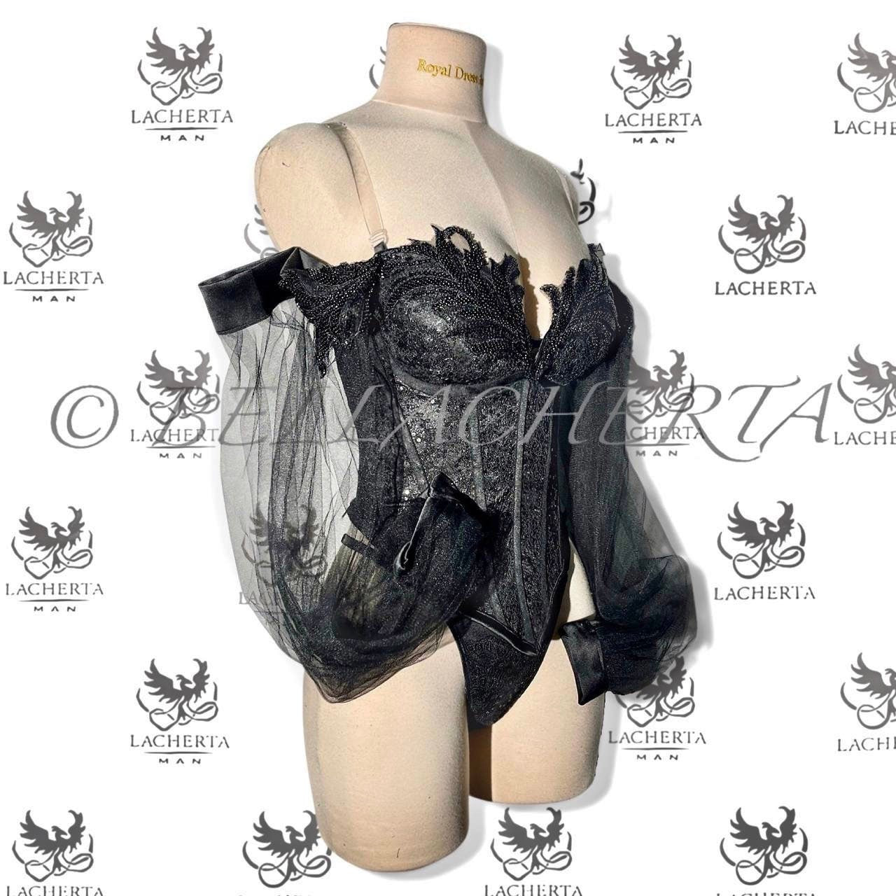 Sexy Back-tie Corset With Attached Tulle Long Sleeves and Panty