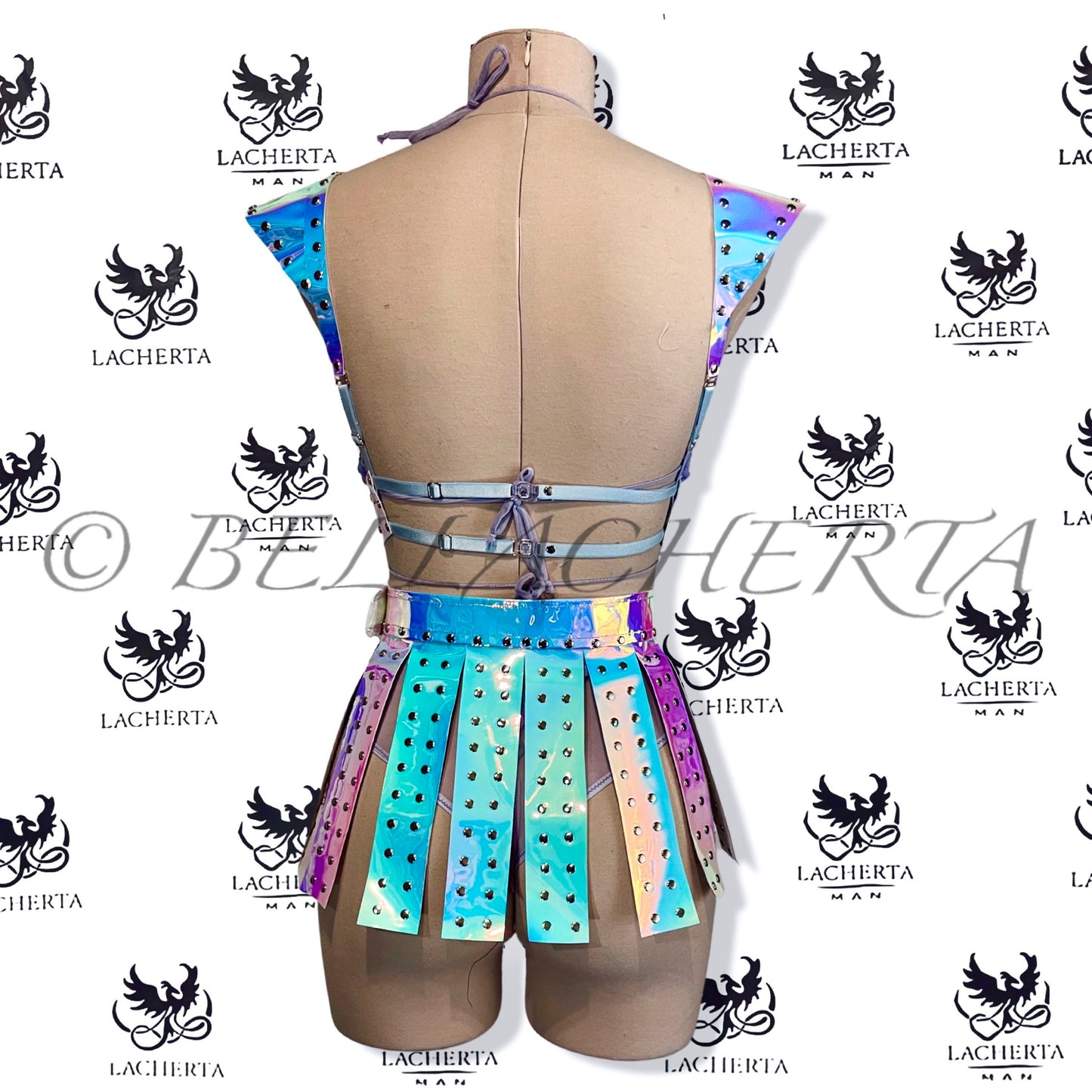 Holographic Gladiator Skirt with Sheer Bra and High-Waisted Panty Lingerie Set
