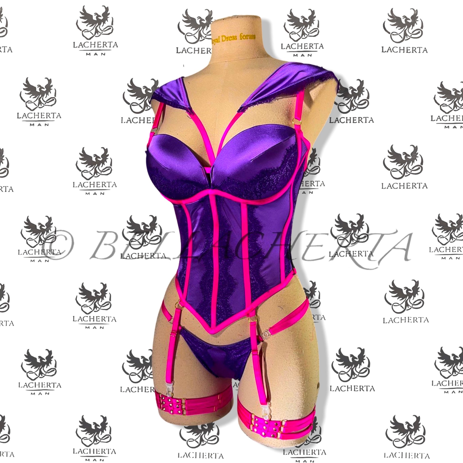 Back-tie Corset with Decorative Shoulder Harness, Matching Panty and Leg Garters