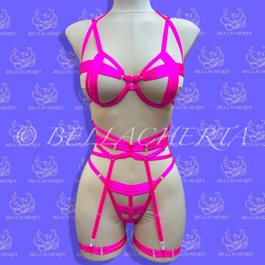 Strappy Bra with matching Panty, Garter Belt and a Pair of Garters Fluorescent Harness Lingerie