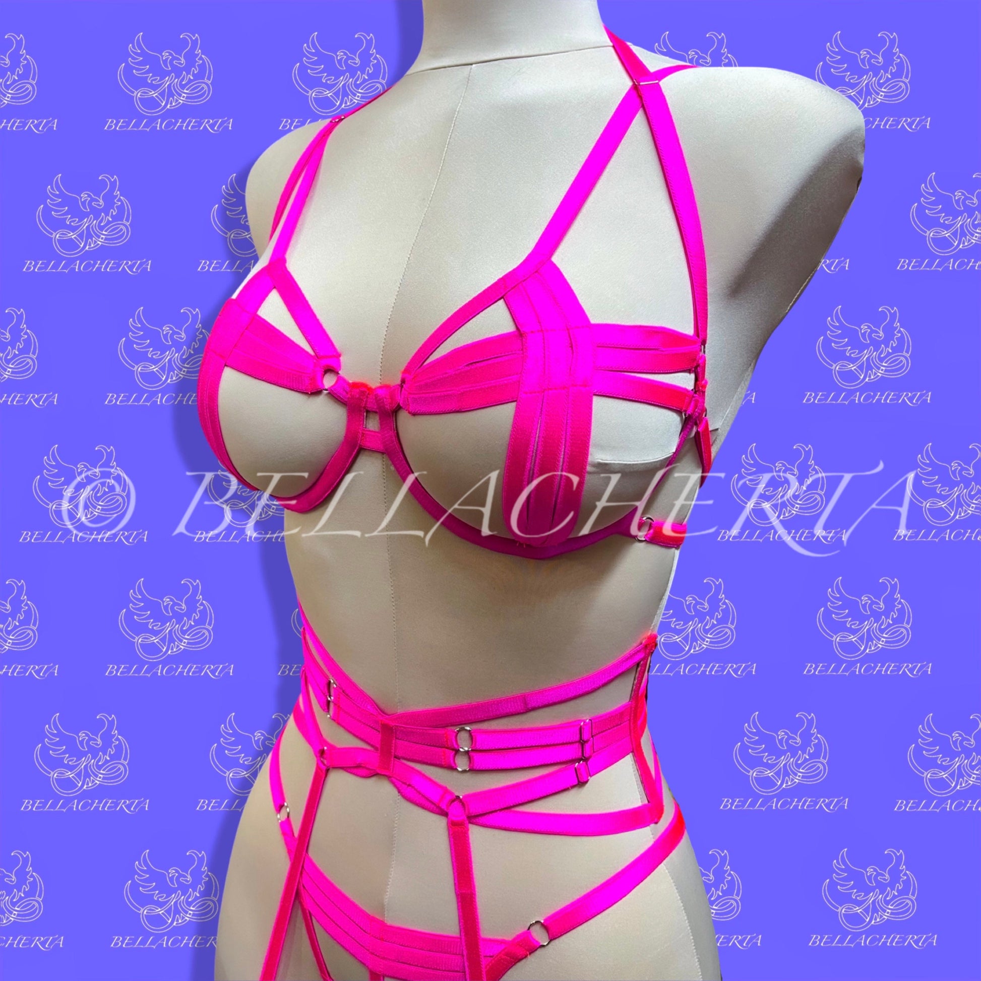 Strappy Bra with matching Panty, Garter Belt and a Pair of Garters Fluorescent Harness Lingerie