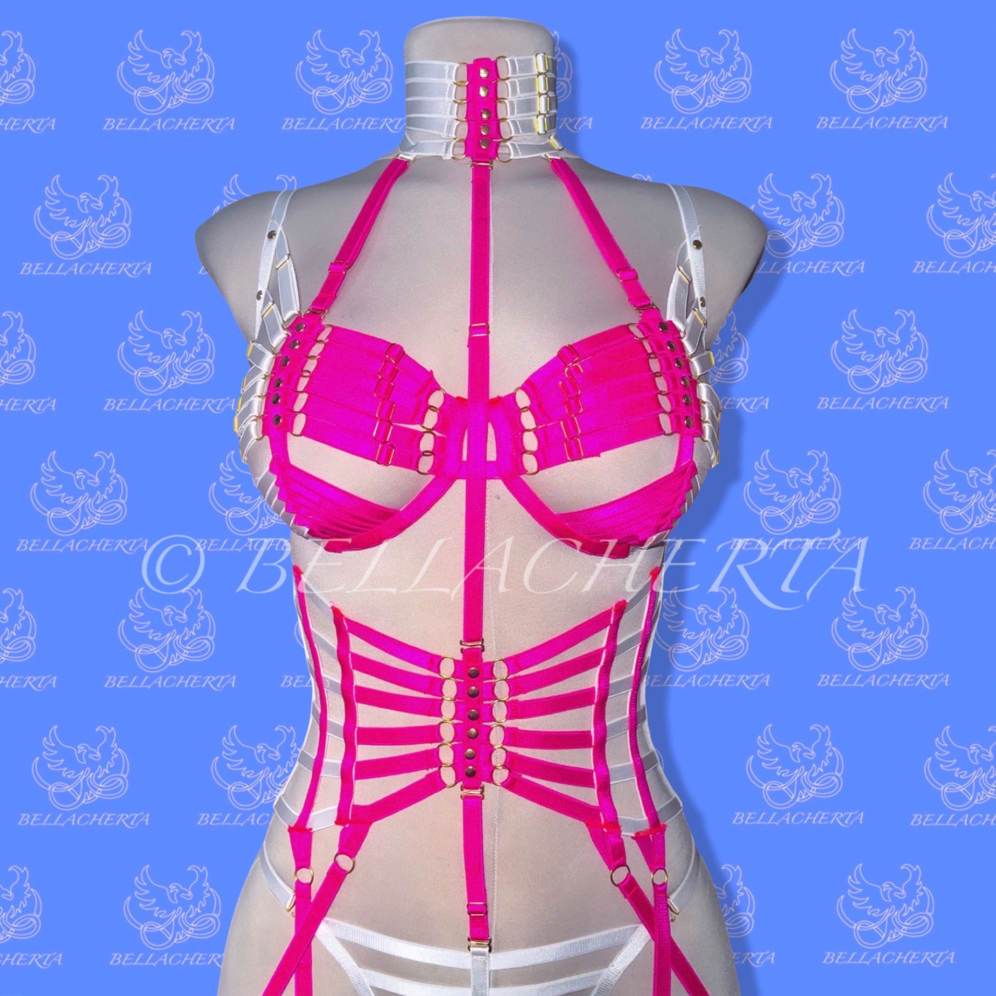 Full Body Harness Fluorescent Lingerie Strappy Two-Tone Bra with Matching Choker, Panties, Garter Belt and Garters, Glow in the Dark
