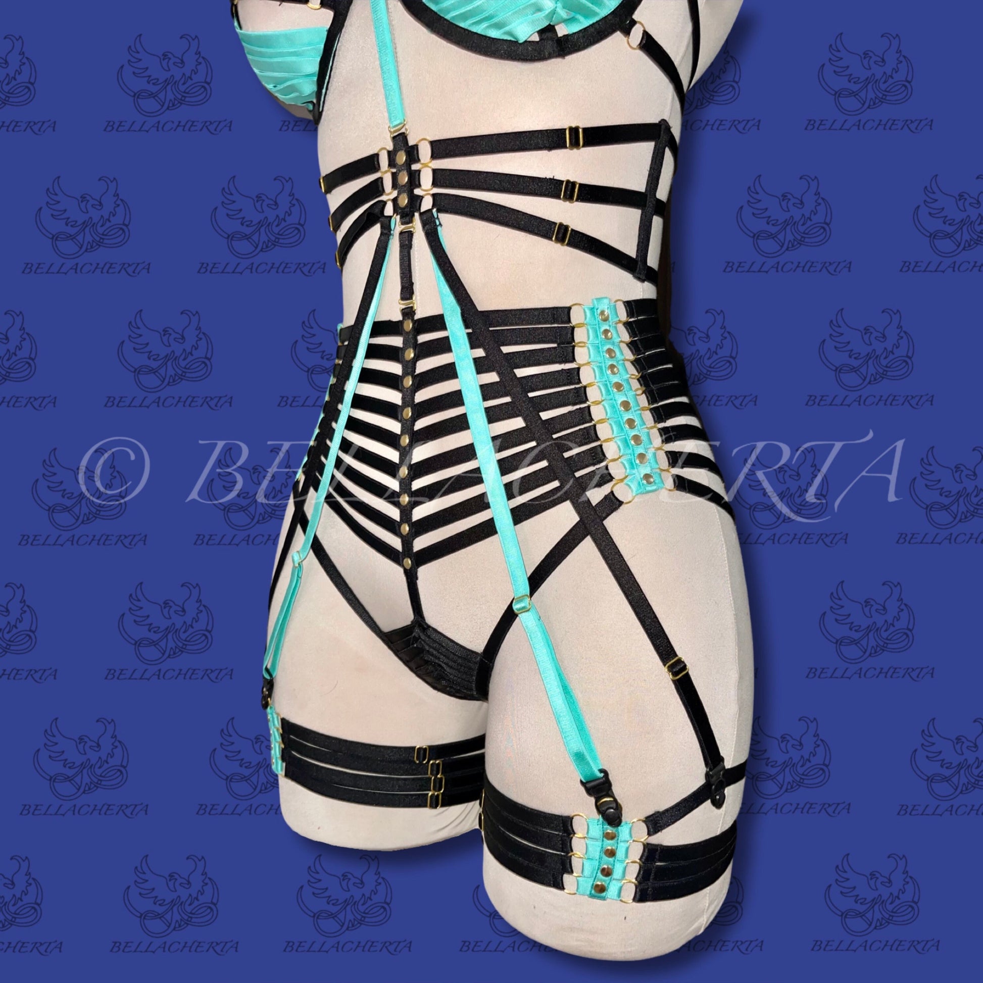Full Body Harness Lingerie / Strappy Two-Tone Bra with Matching Choker, Panties, Decorative Shoulder Pads, Garter Belt and Garters