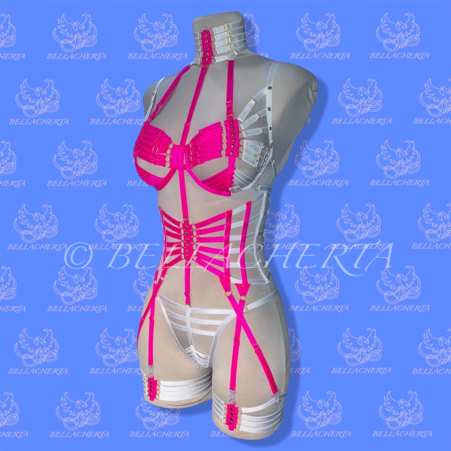 Full Body Harness Fluorescent Lingerie Strappy Two-Tone Bra with Matching Choker, Panties, Garter Belt and Garters, Glow in the Dark