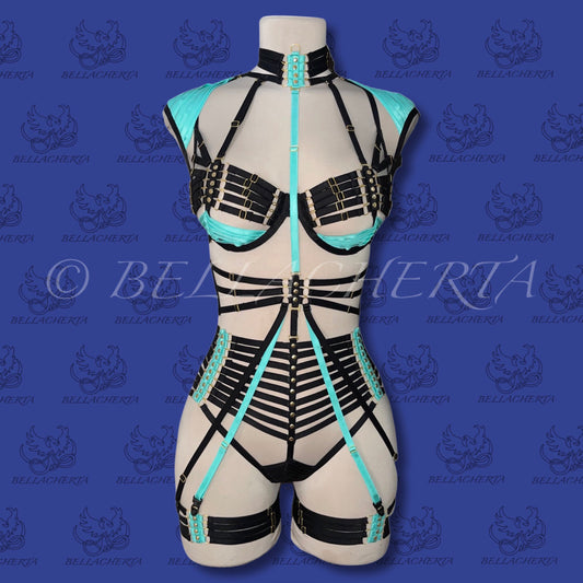 Full Body Harness Lingerie / Strappy Two-Tone Bra with Matching Choker, Panties, Decorative Shoulder Pads, Garter Belt and Garters
