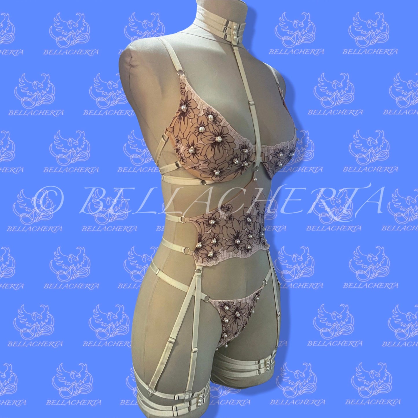 Lace and Pearls Lingerie Set; Adjustable Straps Bra, Choker, Garter Belt, Thong