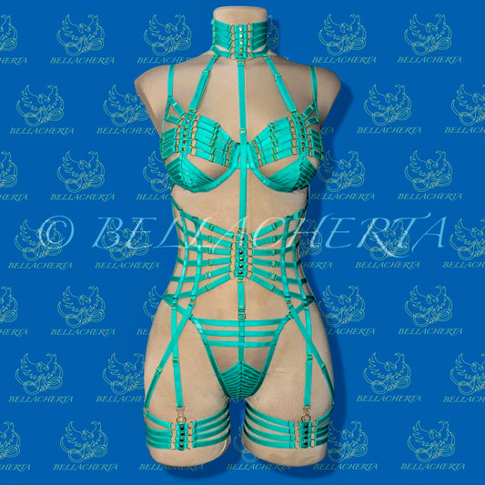 Full Body Harness Fluorescent Lingerie / Strappy Bra with matching Choker, Panty, Garter Belt and Garters