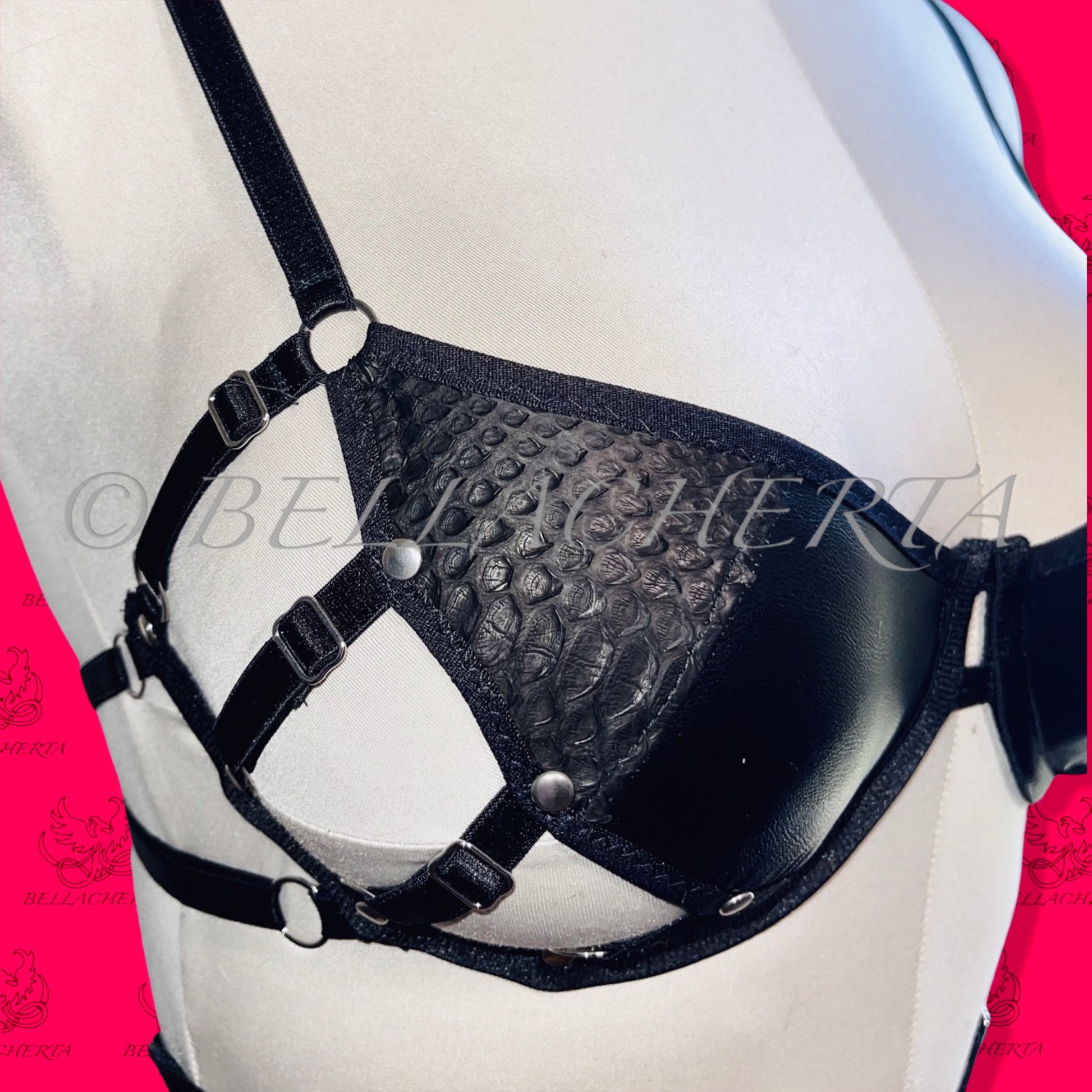 Adjustable Straps Imitation Leather Lingerie Set with Genuine Python Skin Details