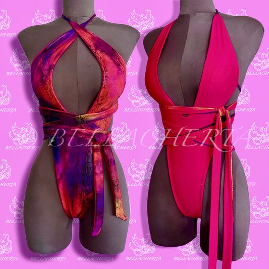 Reversible Double-sided Sexy Plunging Neck Halter Backless Open Sides Swimsuit, Exotic Dancewear Red Abstract