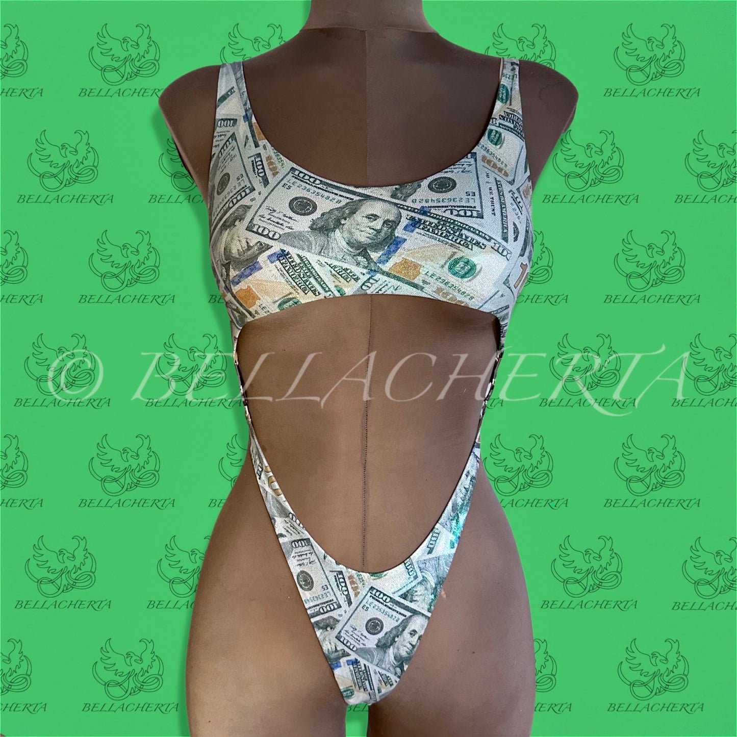 Bellacherta Printed Fabric One-piece Cutout Swimsuit With Silver Buckles, Carnival Monday Wear, Money Print
