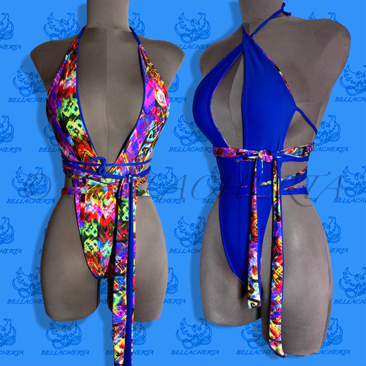 Reversible Double-sided Sexy One-piece Plunging Neck Halter Backless Open Sides Swimwear Beachwear Blue