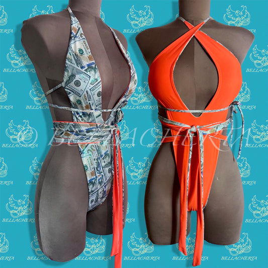 Reversible Double-sided Sexy One-piece Plunging Neck Halter Backless Open Sides Swimwear Beachwear Orange