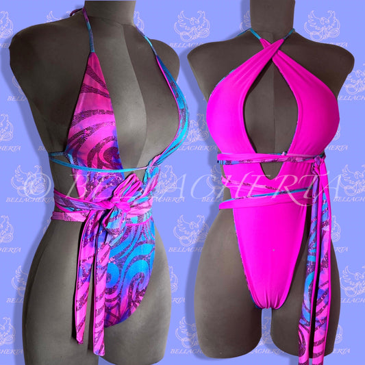 Reversible Double-sided Sexy Plunging Neck Halter Backless Open Sides Swimsuit, Exotic Dancewear Pink Abstract