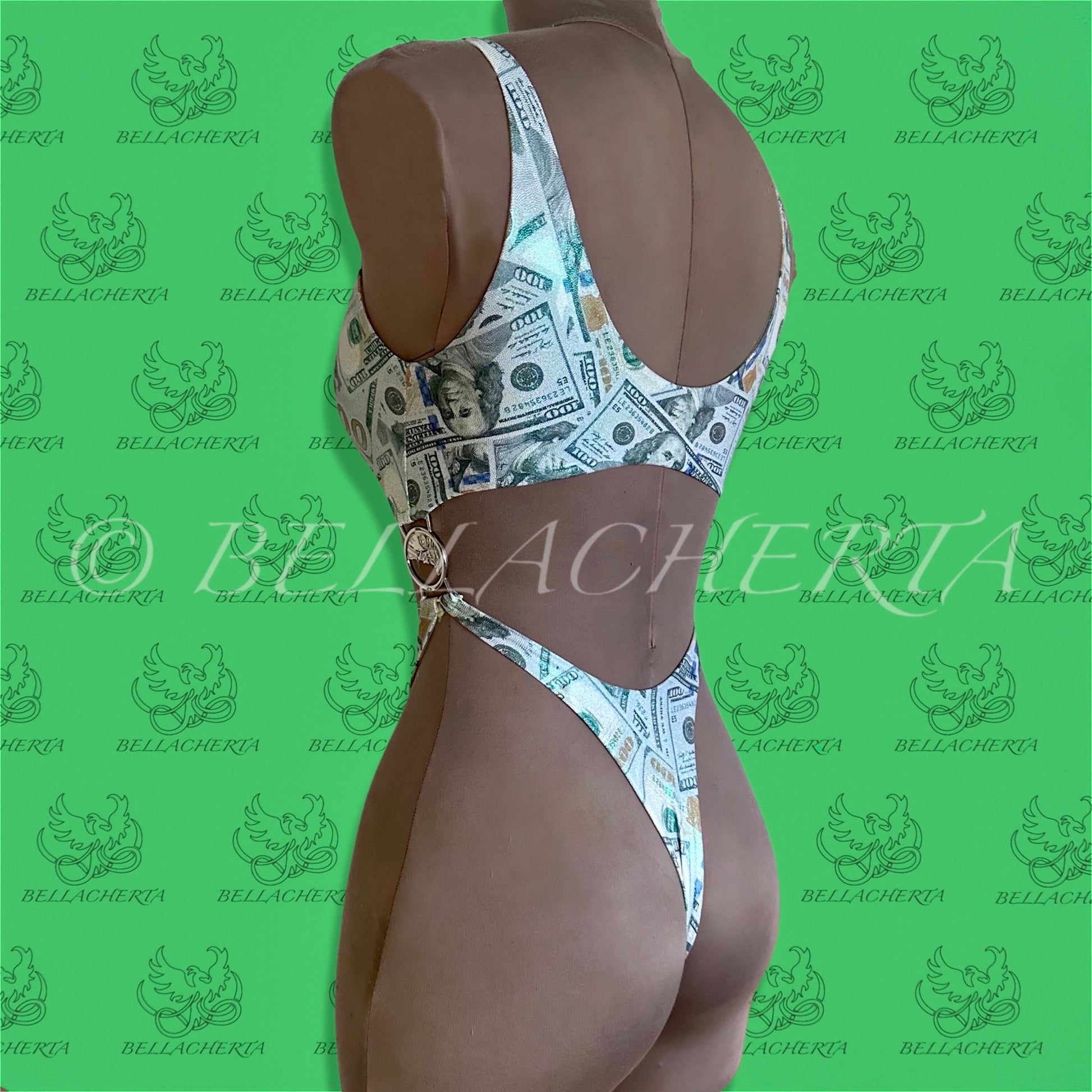 Bellacherta Printed Fabric One-piece Cutout Swimsuit With Silver Buckles, Carnival Monday Wear, Money Print