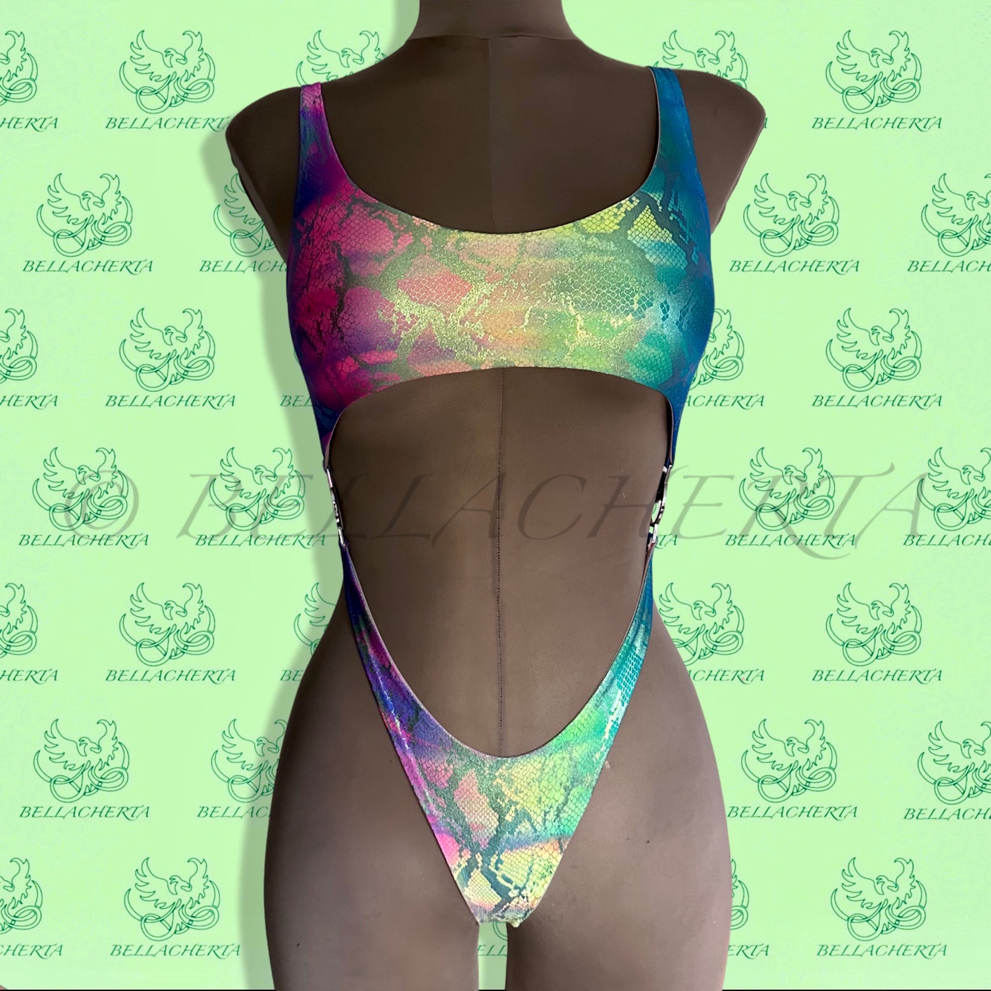 Bellacherta Printed Fabric One-piece Cutout Swimsuit With Silver Buckles, Carnival Monday Wear, Foiled Spandex