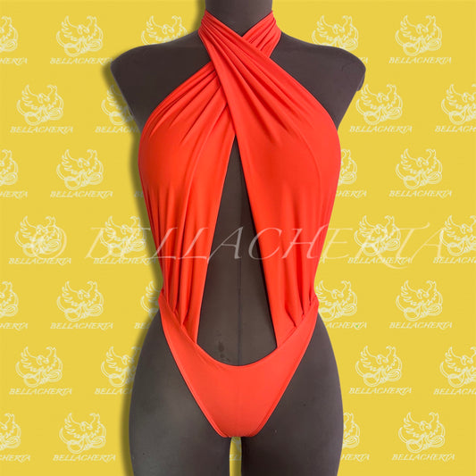 Tie-Up Halter Top Trendy One-piece Neon-bright Swimsuit