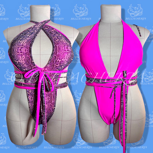 Reversible Double-sided Sexy Plunging Neck Halter Backless Open Sides Swimsuit, Exotic Dancewear Cheetah Pink