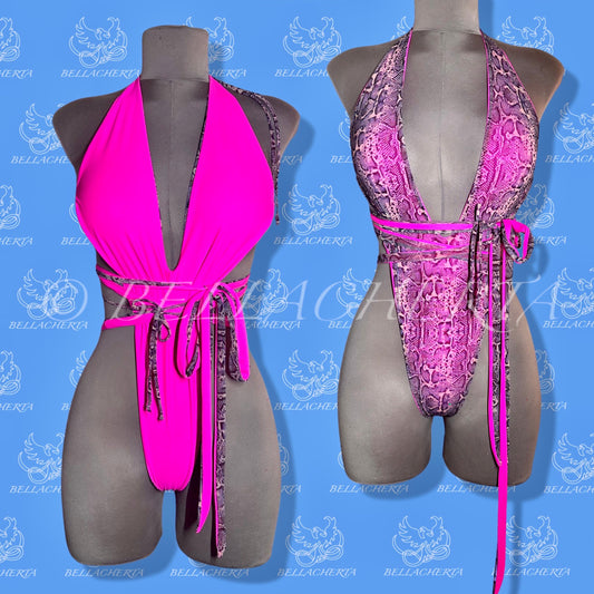 Reversible Double-sided Sexy Plunging Neck Halter Backless Open Sides Swimsuit, Exotic Dancewear Pink Cheetah