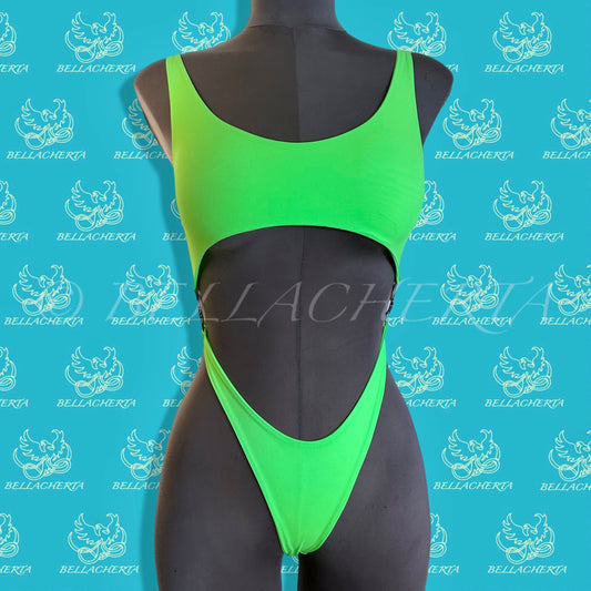 Bellacherta Neon Glow One-piece Cutout Swimsuit With Silver Buckles, Exotic Dance Wear, Carnival Monday Wear
