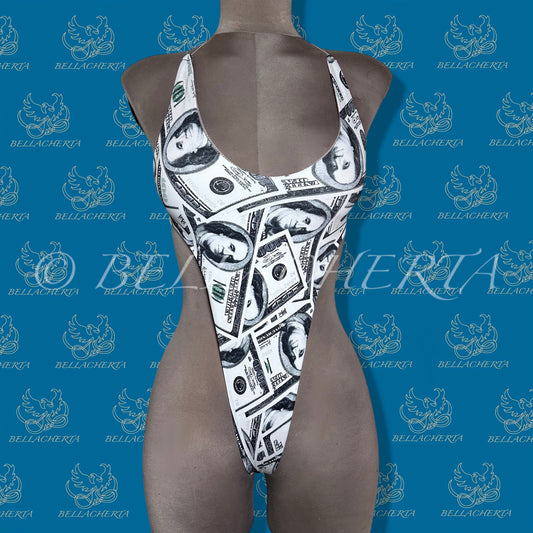 Extreme Bare Back One-piece Swimsuit, G-string T-String Bottom, Exotic Dancewear, Money Print