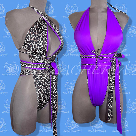 Reversible Double-sided Sexy Plunging Neck Halter Backless Open Sides Swimsuit, Exotic Dancewear Cheetah