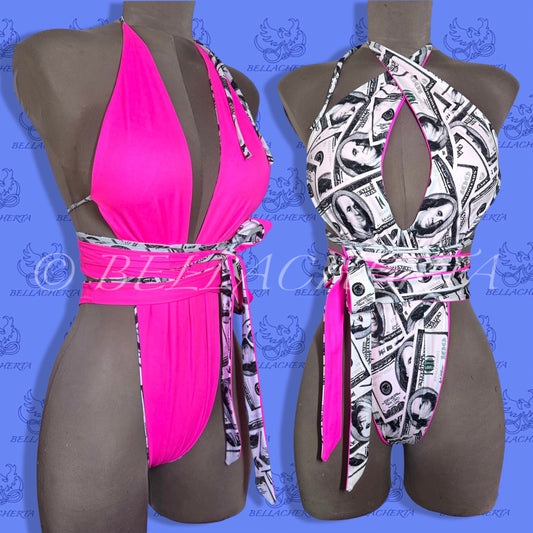 Reversible Double-sided Sexy Plunging Neck Halter Backless Open Sides Swimsuit, Exotic Dancewear Print