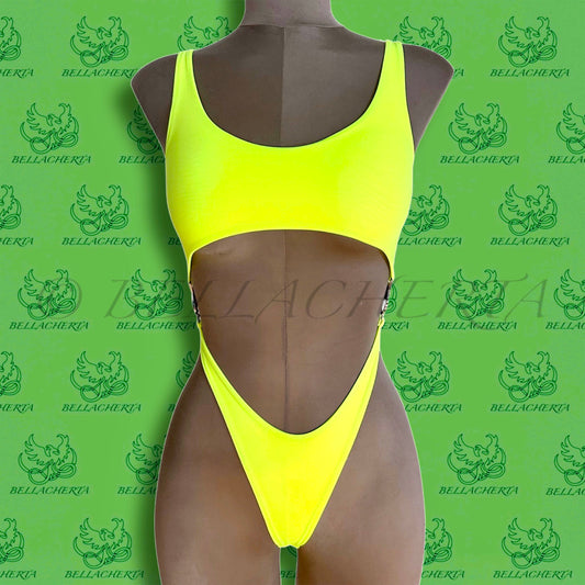 Bellacherta Neon-bright Glow One-piece Cutout Swimsuit With Silver Buckles, Exotic Dance Wear, Carnival Monday Wear