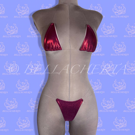 Extreme Bare-Back G-string T-string Micro Thong Bikini Swimsuit, Halterneck Top, tri top, exotic dancewear, Foiled Spandex (Metallic Colors)