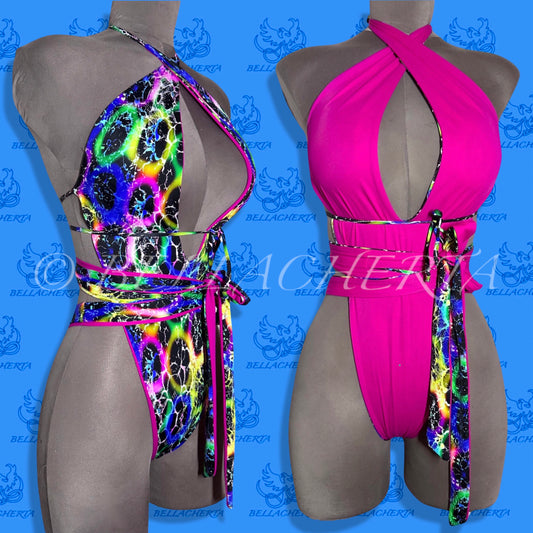 Reversible Double-sided Sexy One-piece Plunging Neck Halter Backless Open Sides Swimwear Beachwear Pink