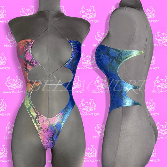 Extreme Cutout One-piece Swimsuit, G-string T-String bottom, exotic dancewear, Print