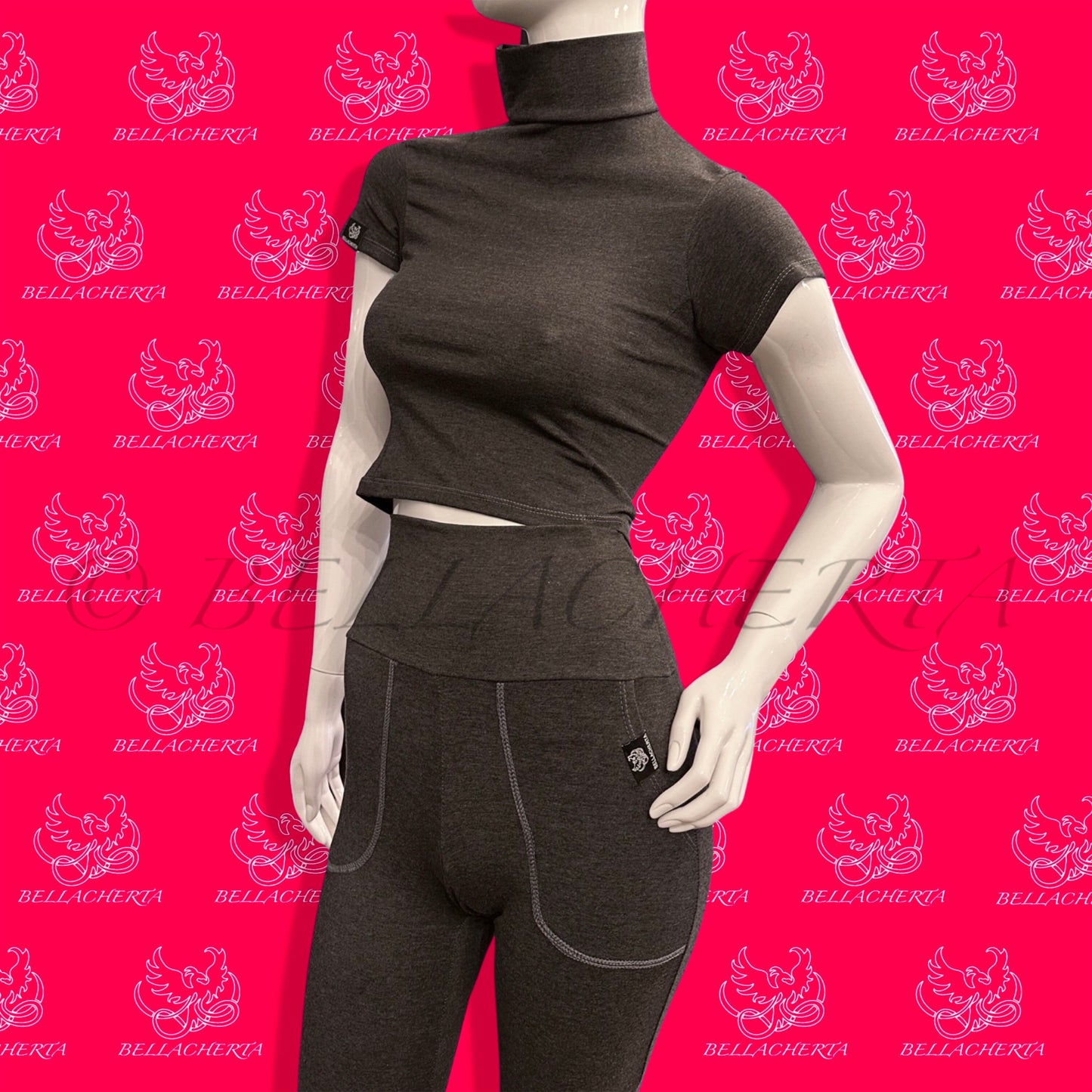 High-Waisted Pants and Short Sleeved Turtleneck Cropped Top Set, activewear, gymwear, yoga set, casual wear, trendy gym wear