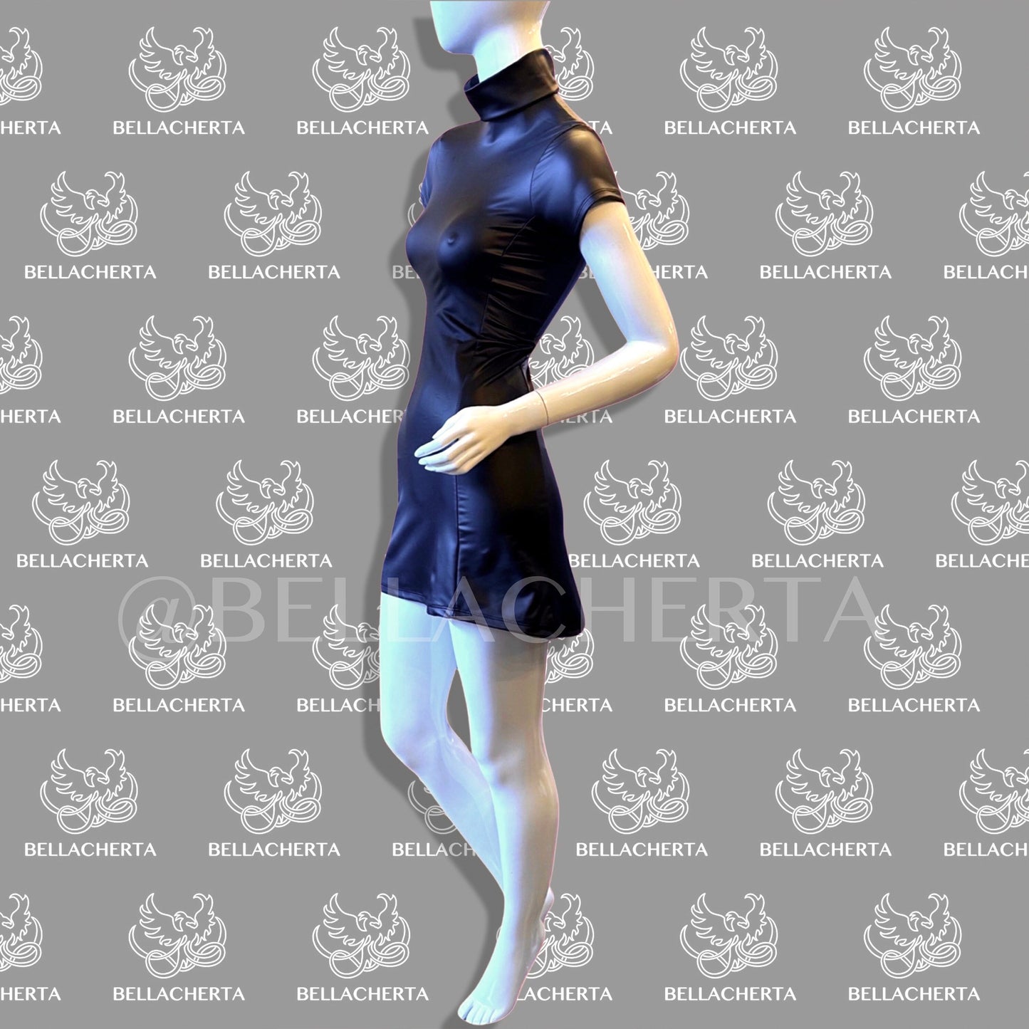 Short-Sleeved Turtleneck Artificial Leather Mini Dress