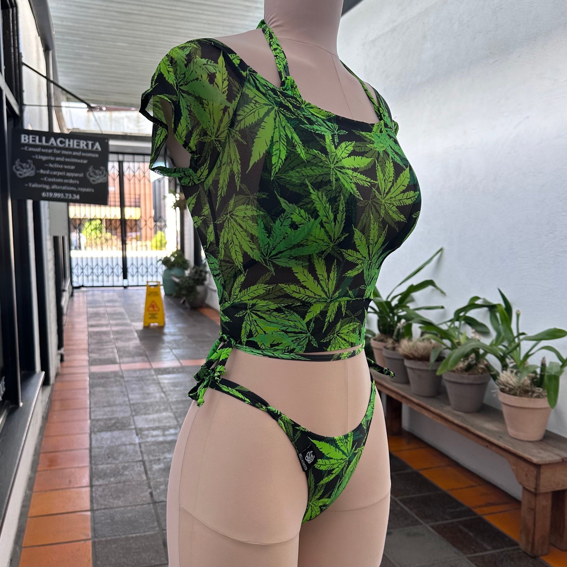 Top and Matching Pants Cannabis Print Beachwear Set. Two-piece Swimsuit sold separately.