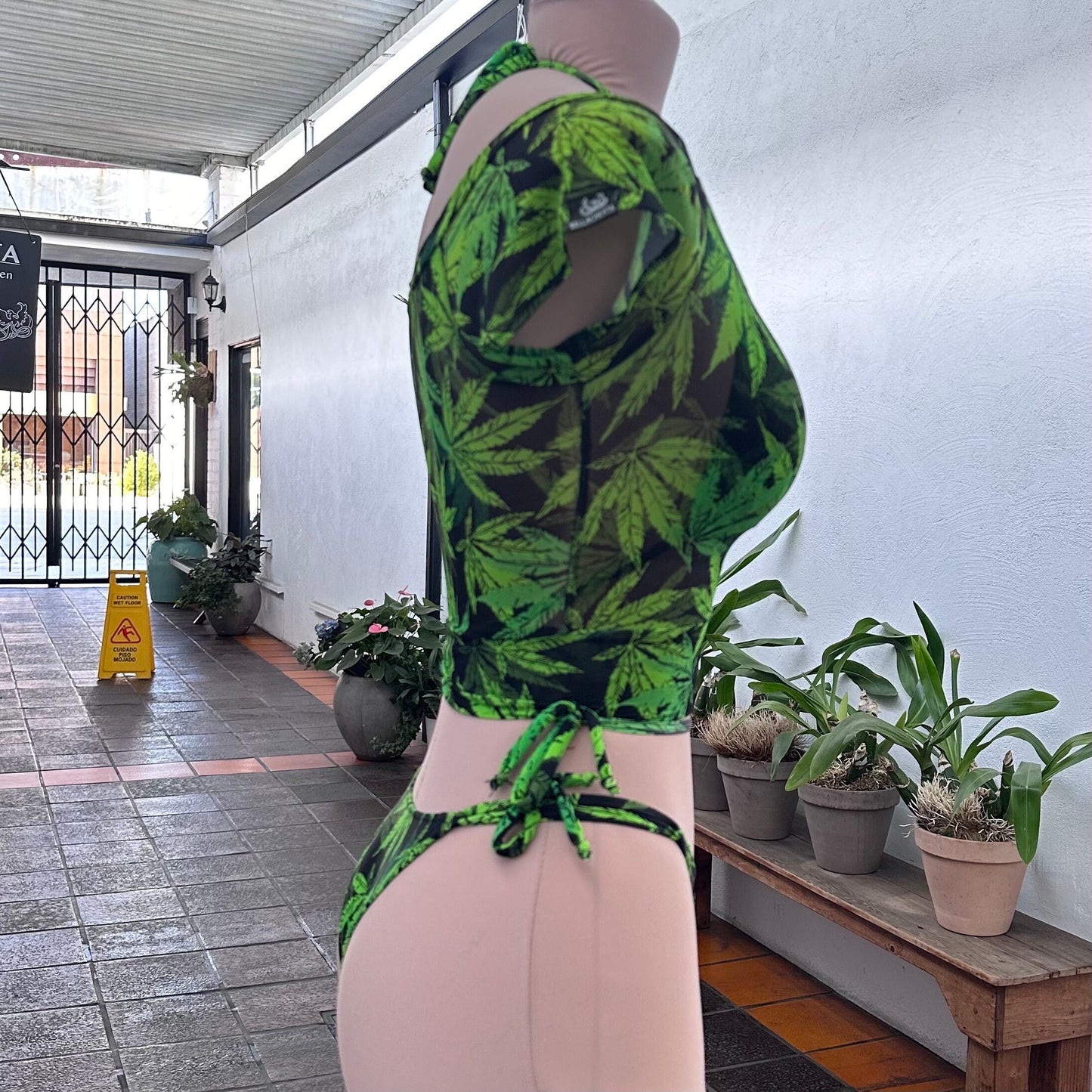 Top and Matching Pants Cannabis Print Beachwear Set. Two-piece Swimsuit sold separately.